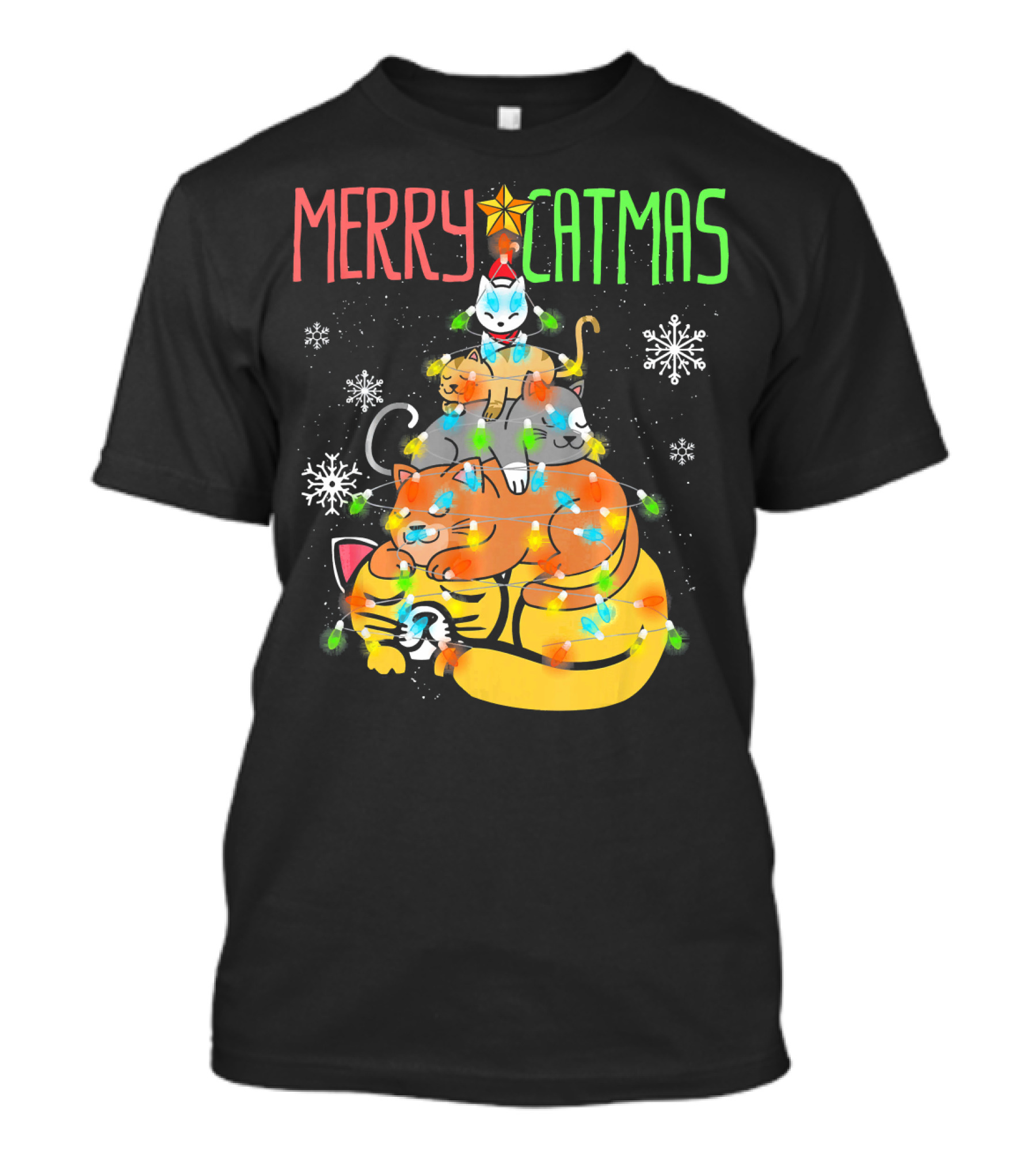 Merry Catmas Funny Christmas Cats With Kittens And Festive Lights T-Shirt