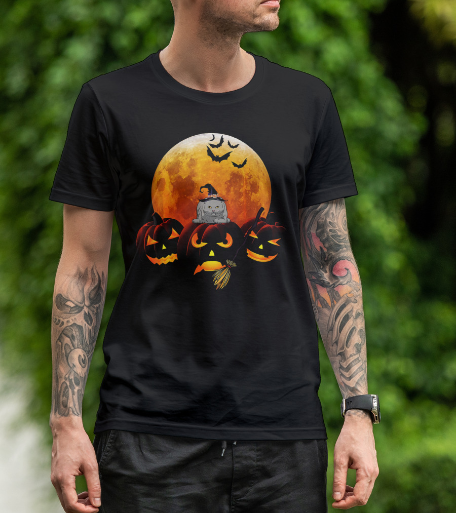 Scottish Fold Cat In Witch Hat On Pumpkins With Full Moon And Bats T-Shirt