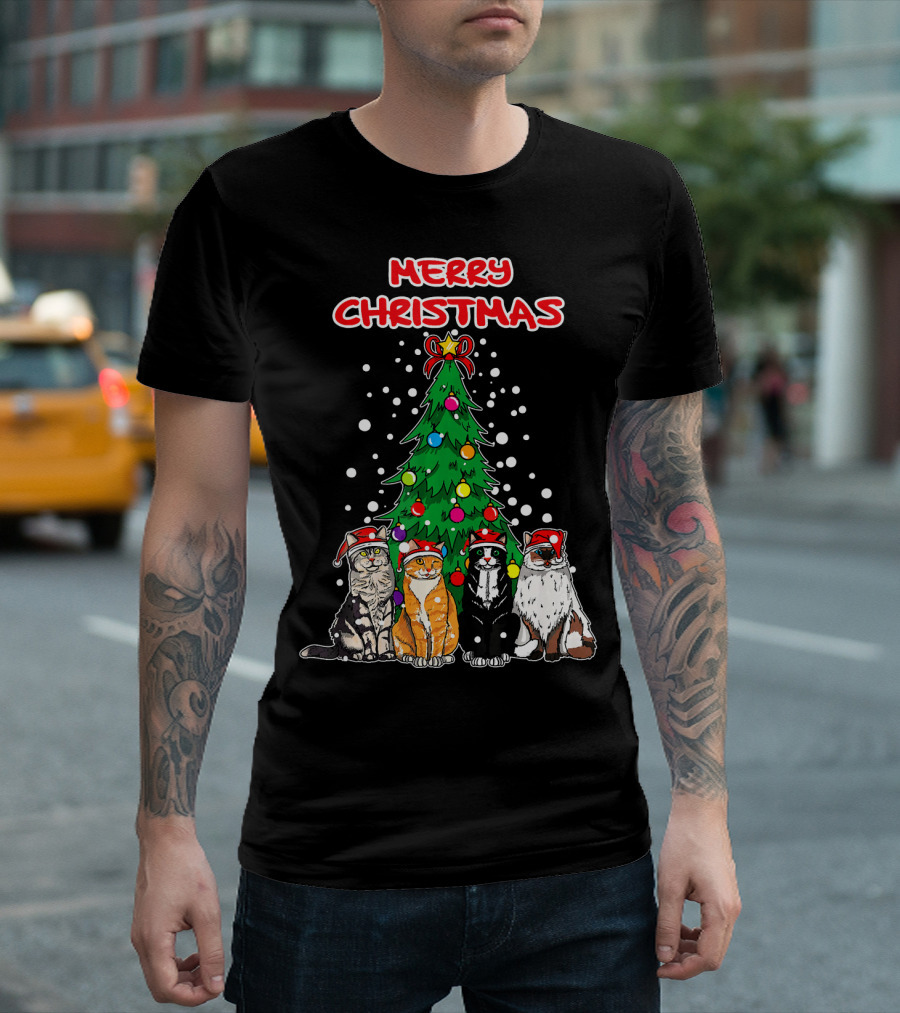 Merry Christmas Kitten Christmas Tree Cats With Santa Hats T-Shirt