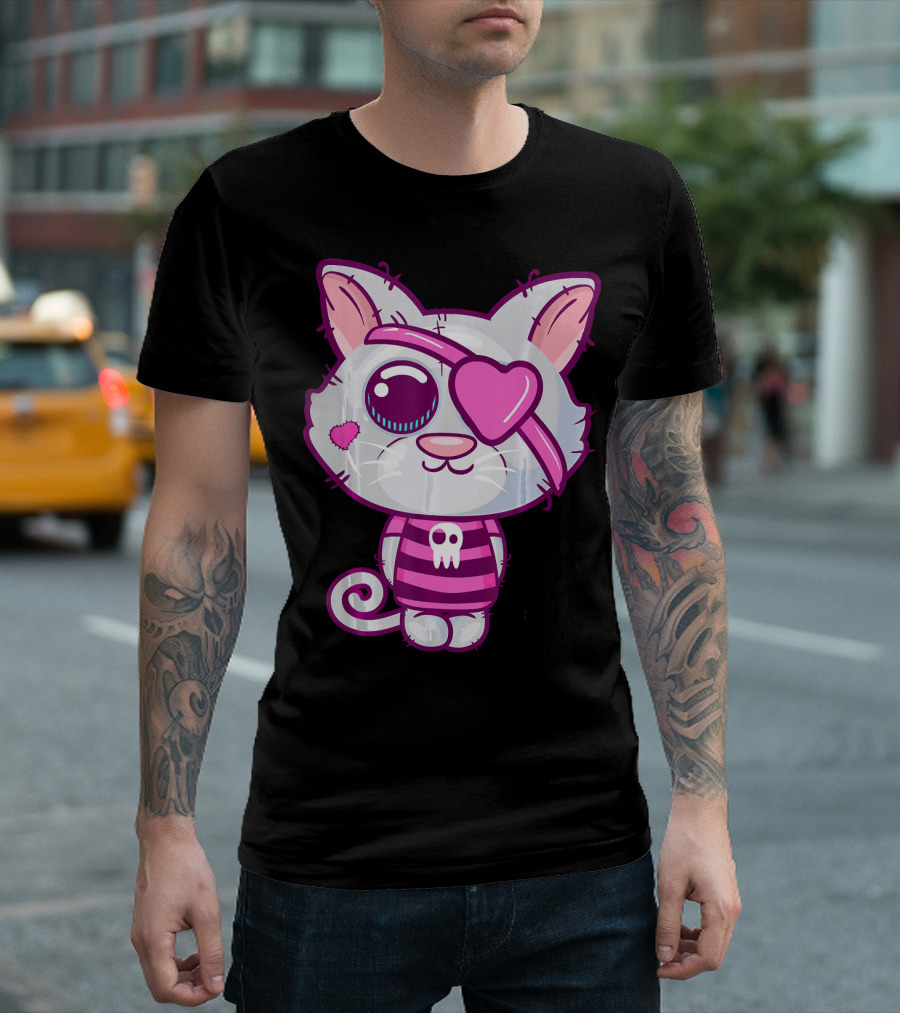 Cute Pirate Cat with Skull Eyepatch and Heart Details T-Shirt