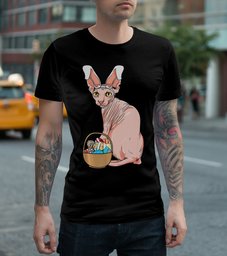 Exotic Sphynx Hairless Feline with Easter Bunny Ears and Candy Basket T-Shirt