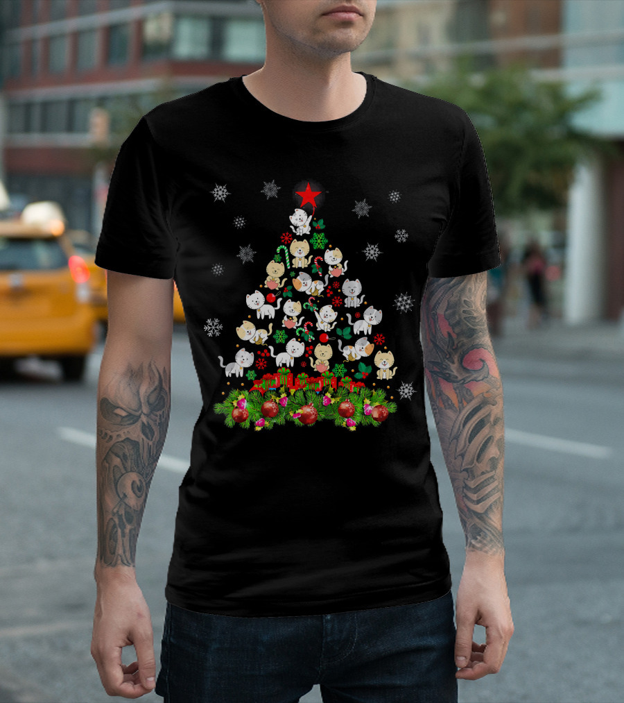 Merry Christmas Funny Cat Kittens with Lights and Snowflakes T-Shirt