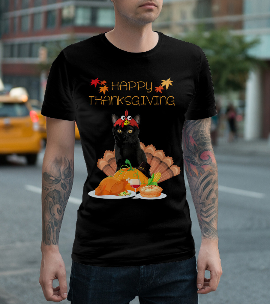 Happy Thanksgiving Day Bombay Cat with Feast and Autumn Leaves T-Shirt