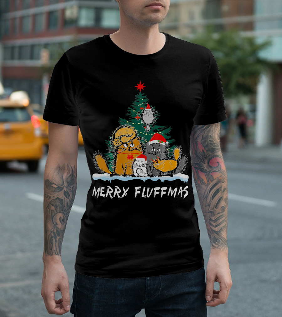 Merry Fluffmas Cat Kitten Fluff Family Christmas Tree T-Shirt