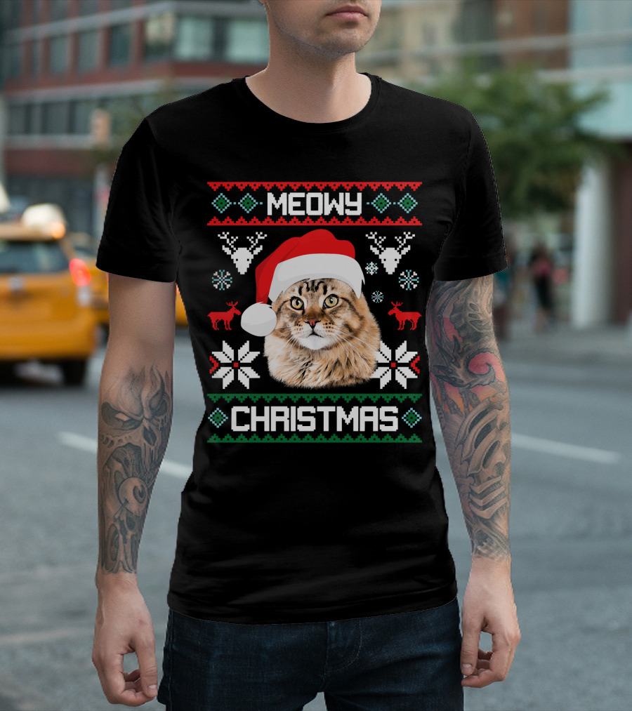 Meowy Christmas Maine Coon Santa Hat Ugly T-Shirt