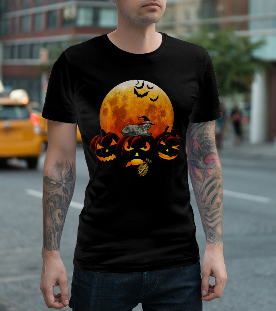 Devon Rex Cat Halloween Pumpkin Moon Bats T-Shirt