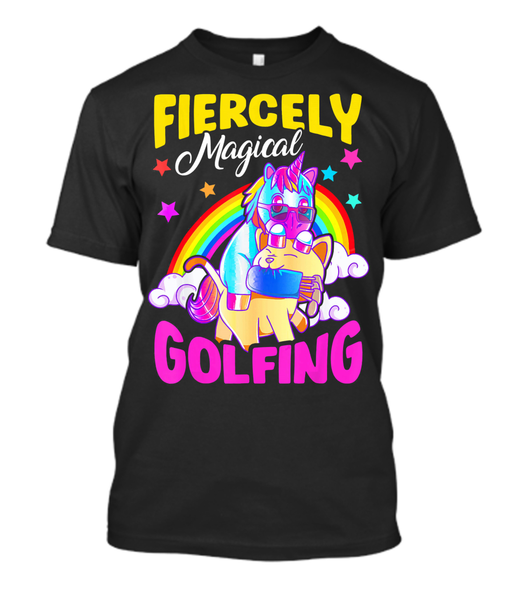 Fiercely Magical Golfing Unicorn Cat Rainbow Adventure T-Shirt