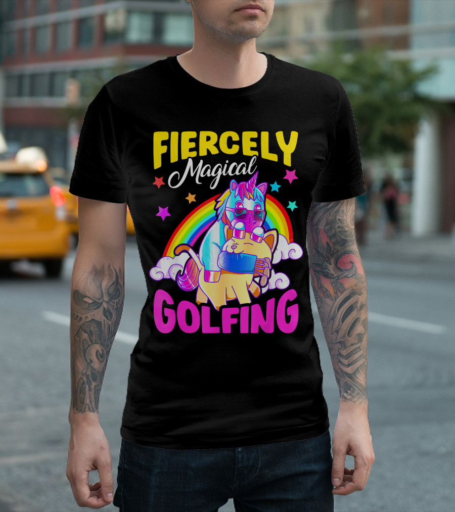 Fiercely Magical Golfing Unicorn Cat Rainbow Adventure T-Shirt