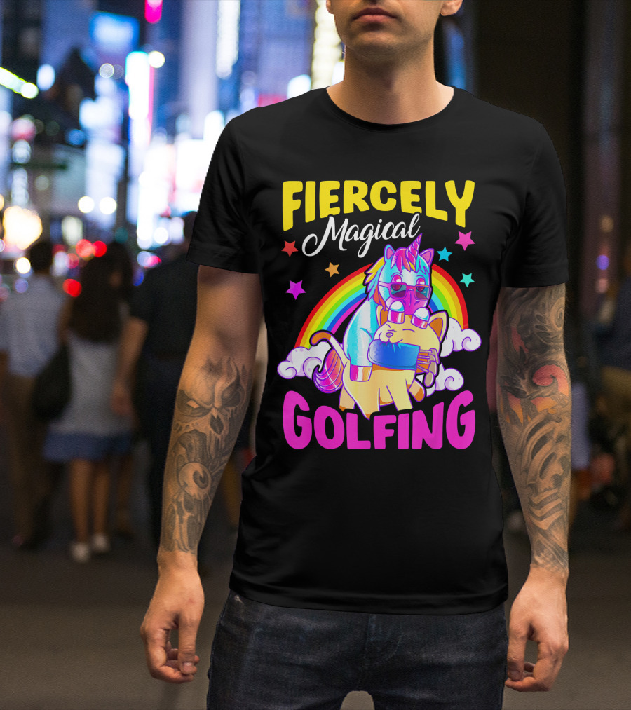 Fiercely Magical Golfing Unicorn Cat Rainbow Adventure T-Shirt