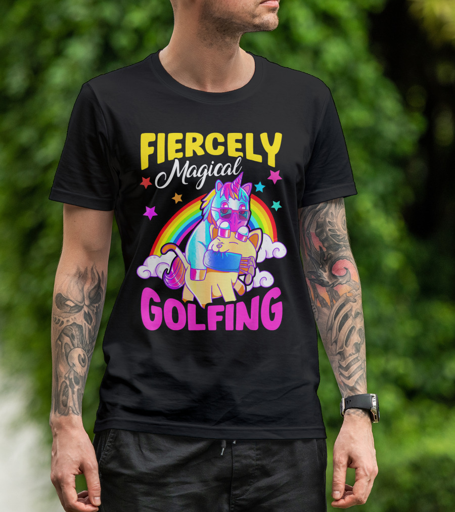 Fiercely Magical Golfing Unicorn Cat Rainbow Adventure T-Shirt