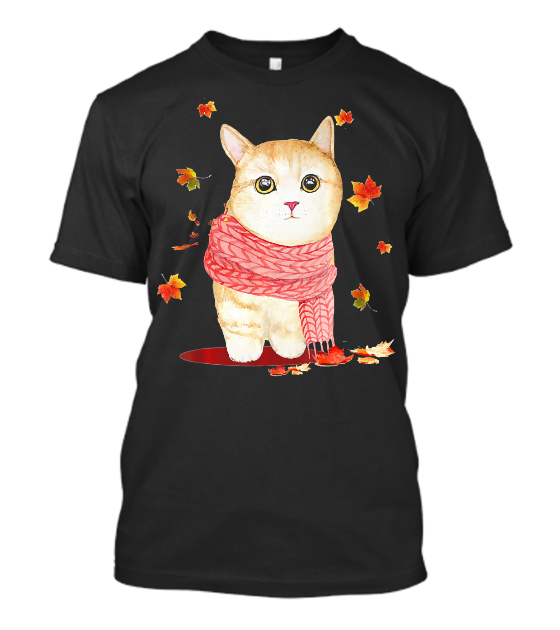 Cat Leaves And Scarf Funny Cat Autumn Scene T-Shirt
