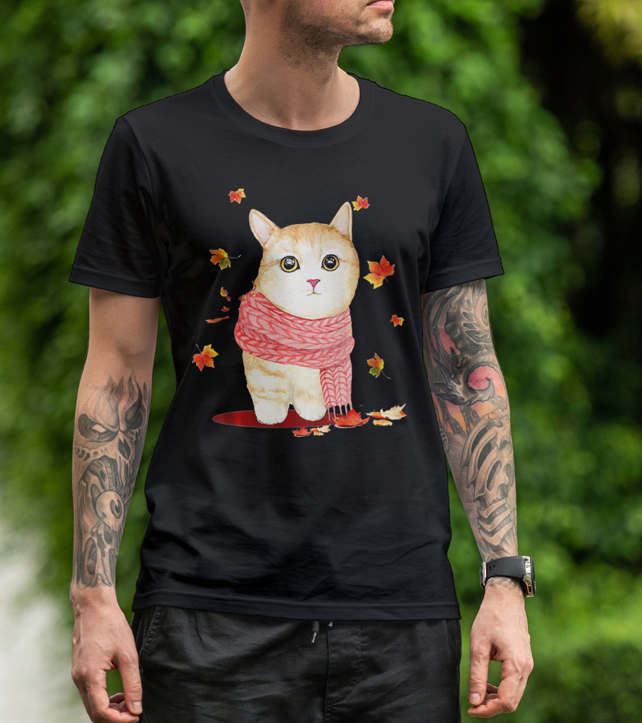 Cat Leaves And Scarf Funny Cat Autumn Scene T-Shirt