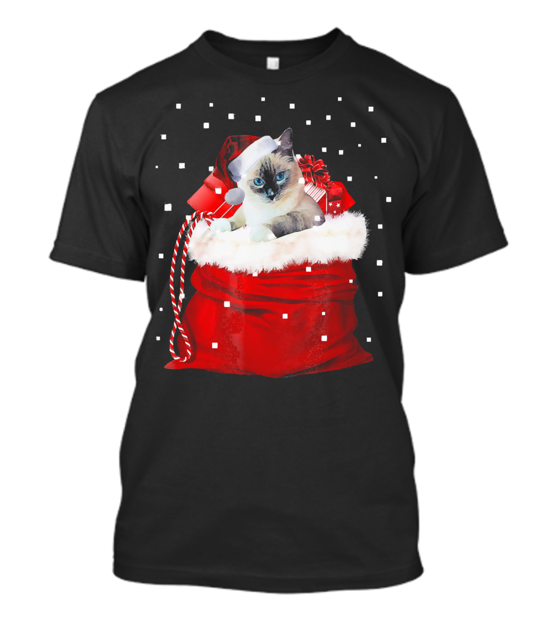 Christmas Ragdoll Cat Santa Hat In Red Bag With Snowflakes T-Shirt