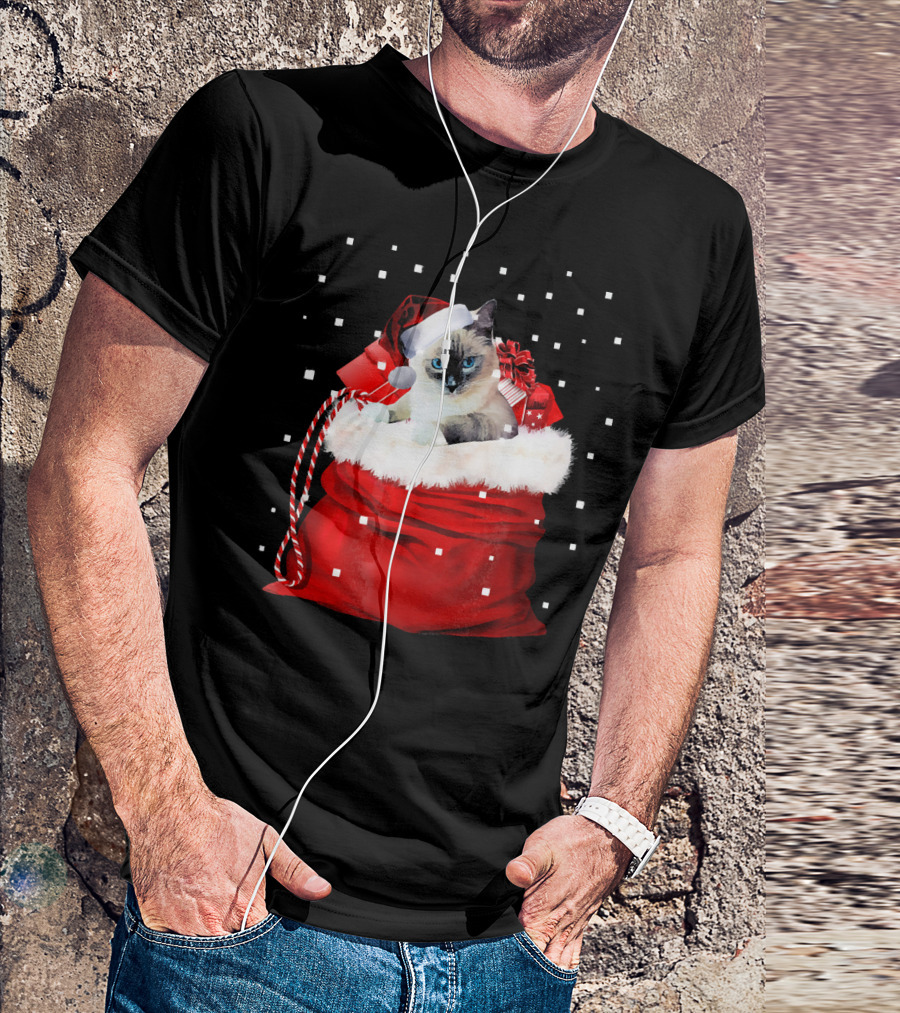 Christmas Ragdoll Cat Santa Hat In Red Bag With Snowflakes T-Shirt
