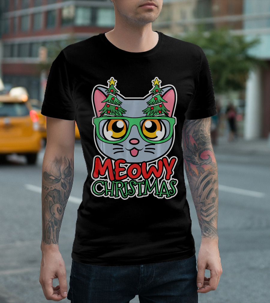 Meowy Christmas Cute Cat Kitten with Christmas Tree Glasses T-Shirt