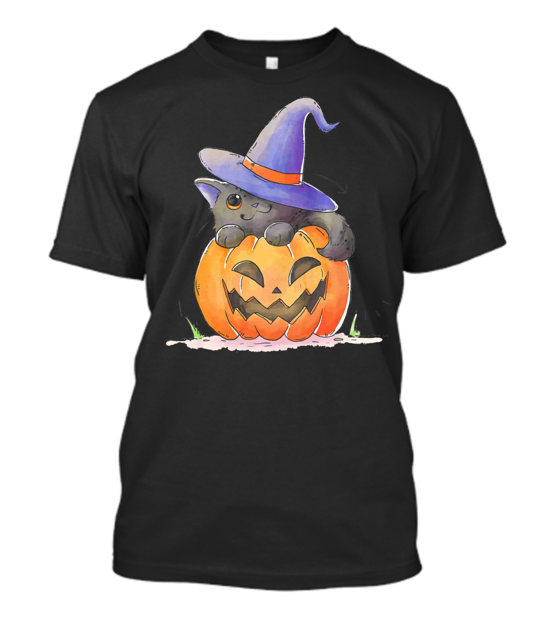 Cute Black Kitten In Witches Hat Sat In Pumpkin T-Shirt