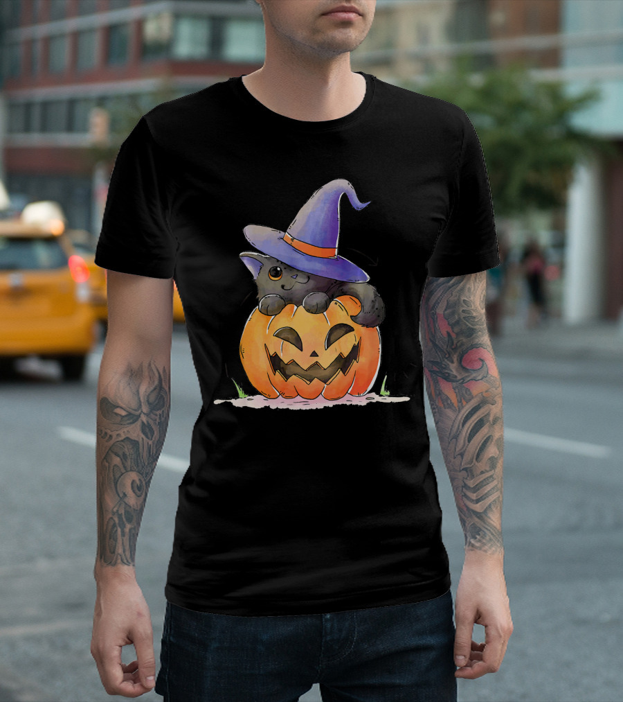 Cute Black Kitten In Witches Hat Sat In Pumpkin T-Shirt