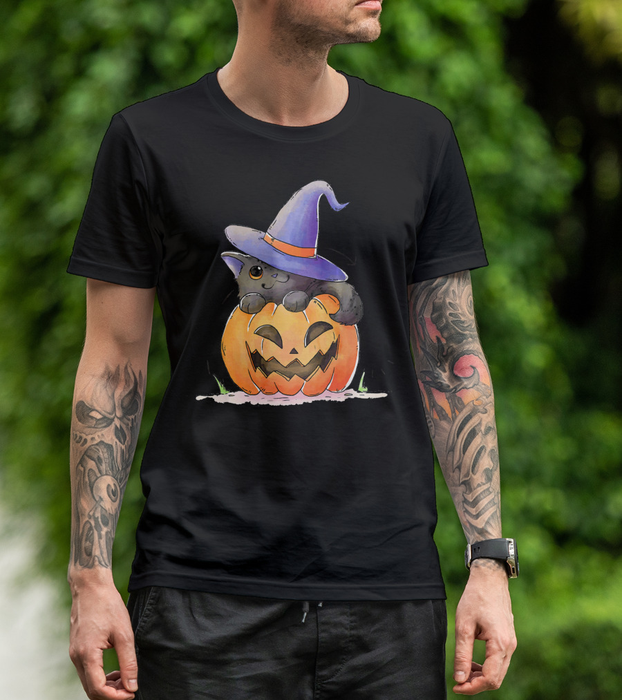 Cute Black Kitten In Witches Hat Sat In Pumpkin T-Shirt