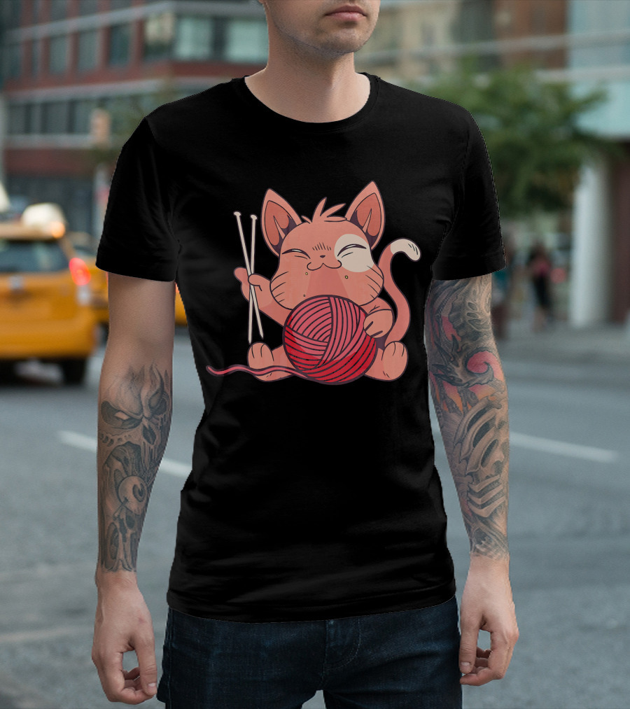 Cute Cat Kitten Knitting Yarn With Needles T-Shirt