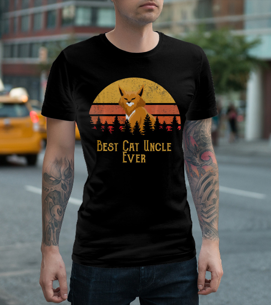 Best Cat Uncle Ever Vintage Sunset Forest Feline T-Shirt