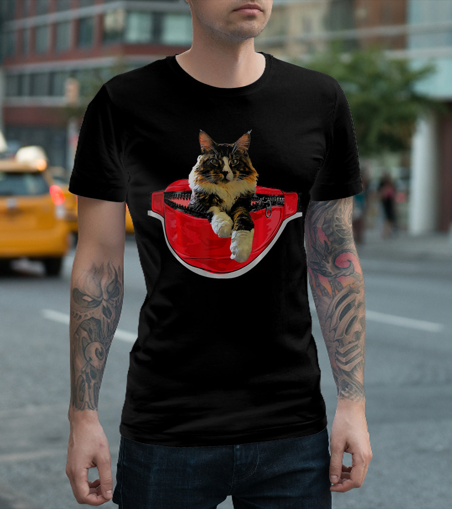 Funny Maine Coon Cat in Red Waist Pack Pock T-Shirt