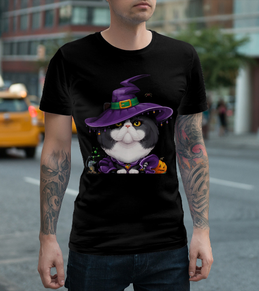 Black and White Persian Cat with Purple Witch Hat and Pumpkin T-Shirt