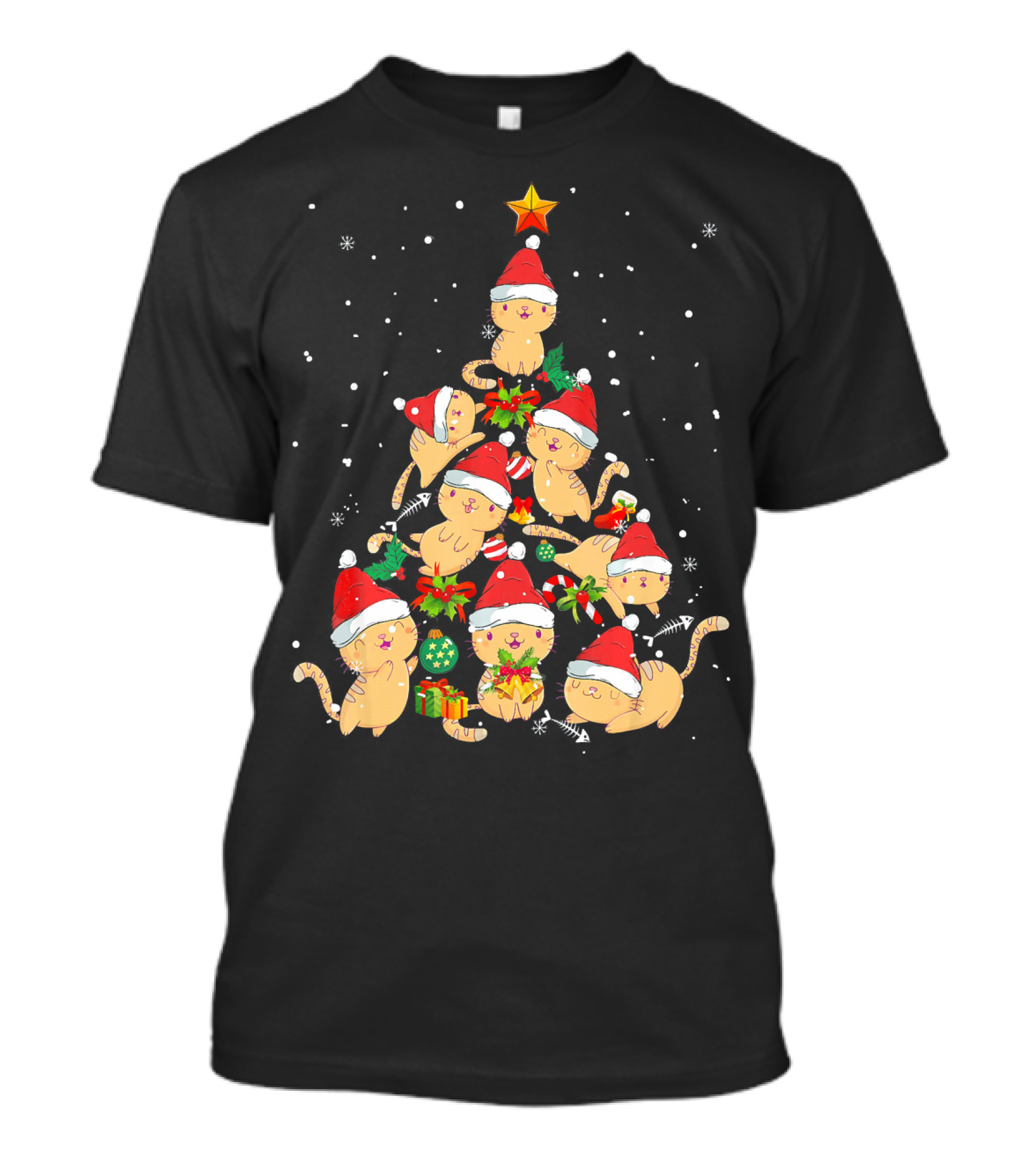 Funny Cat Christmas Tree Xmas Lights Star Snow Santa Hats Gifts T-Shirt