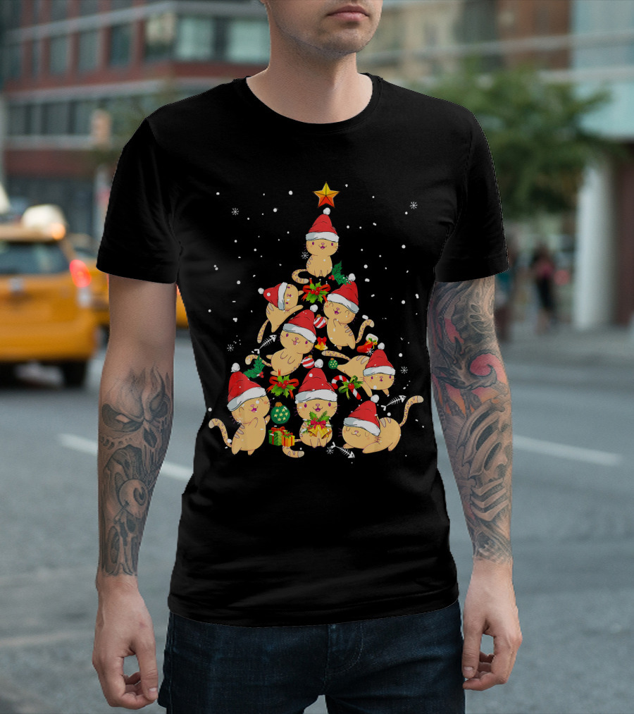 Funny Cat Christmas Tree Xmas Lights Star Snow Santa Hats Gifts T-Shirt