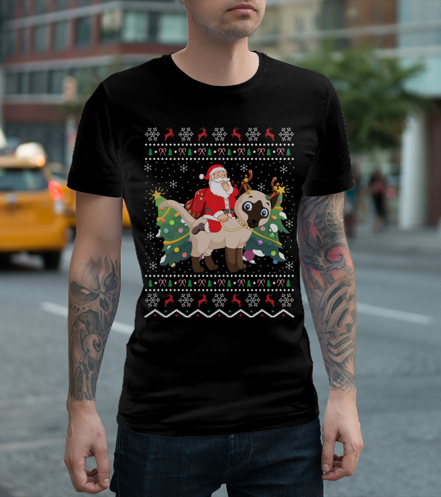 Santa Riding Siamese Cat Ugly Christmas T-Shirt