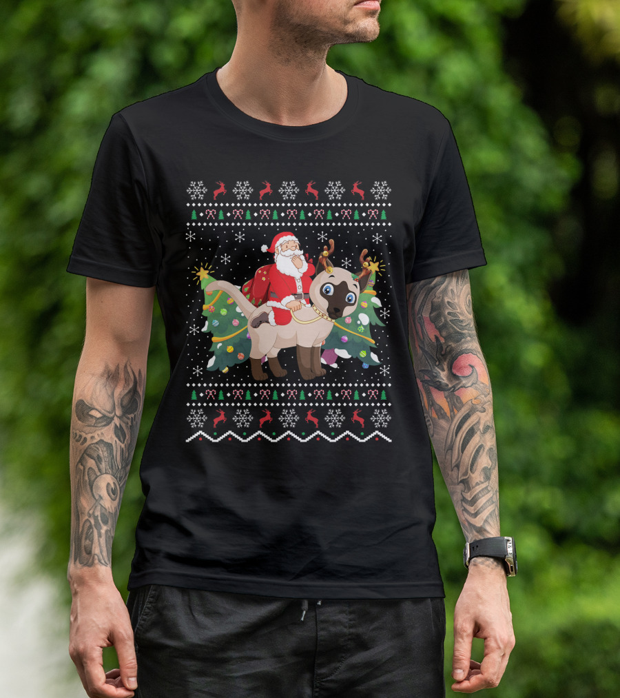 Santa Riding Siamese Cat Ugly Christmas T-Shirt