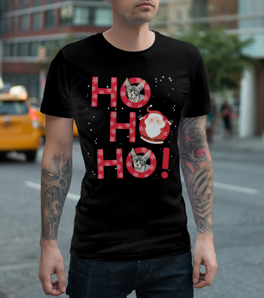Ho Ho Ho Sphynx Cat Santa Snowflakes T-Shirt