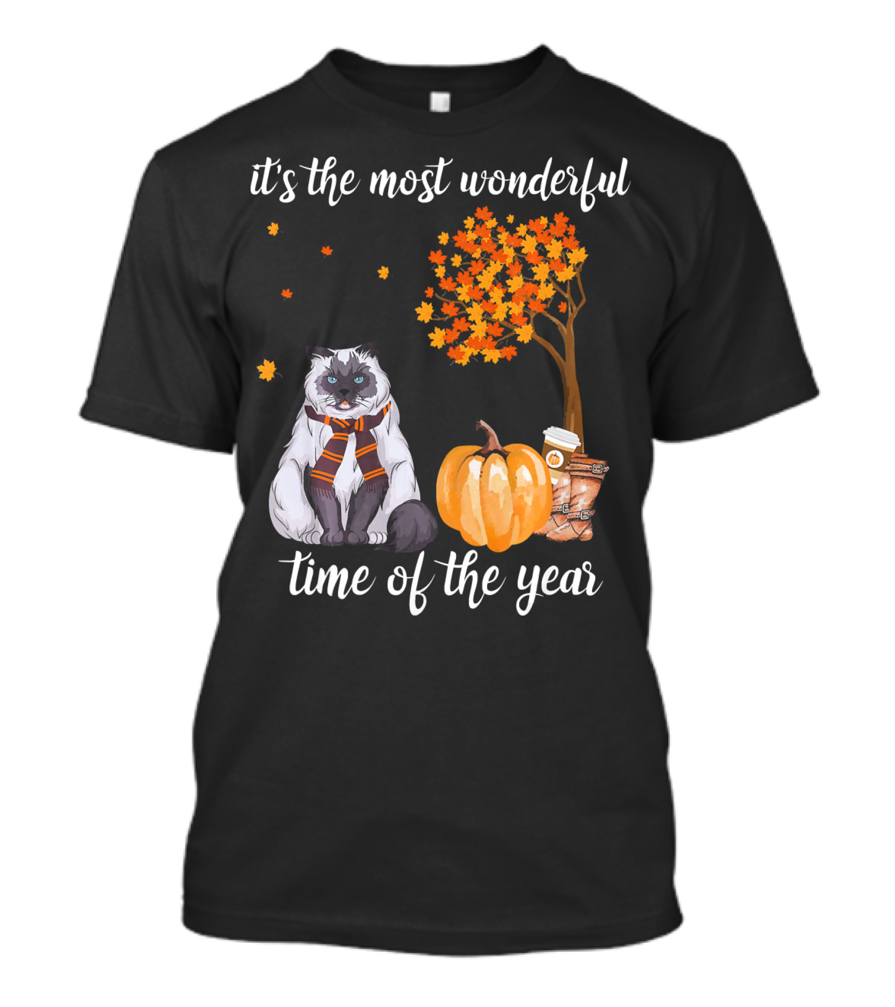 It's The Most Wonderful Time Of The Year Cat Pumpkin Autumn Leaves Coffee T-Shirt