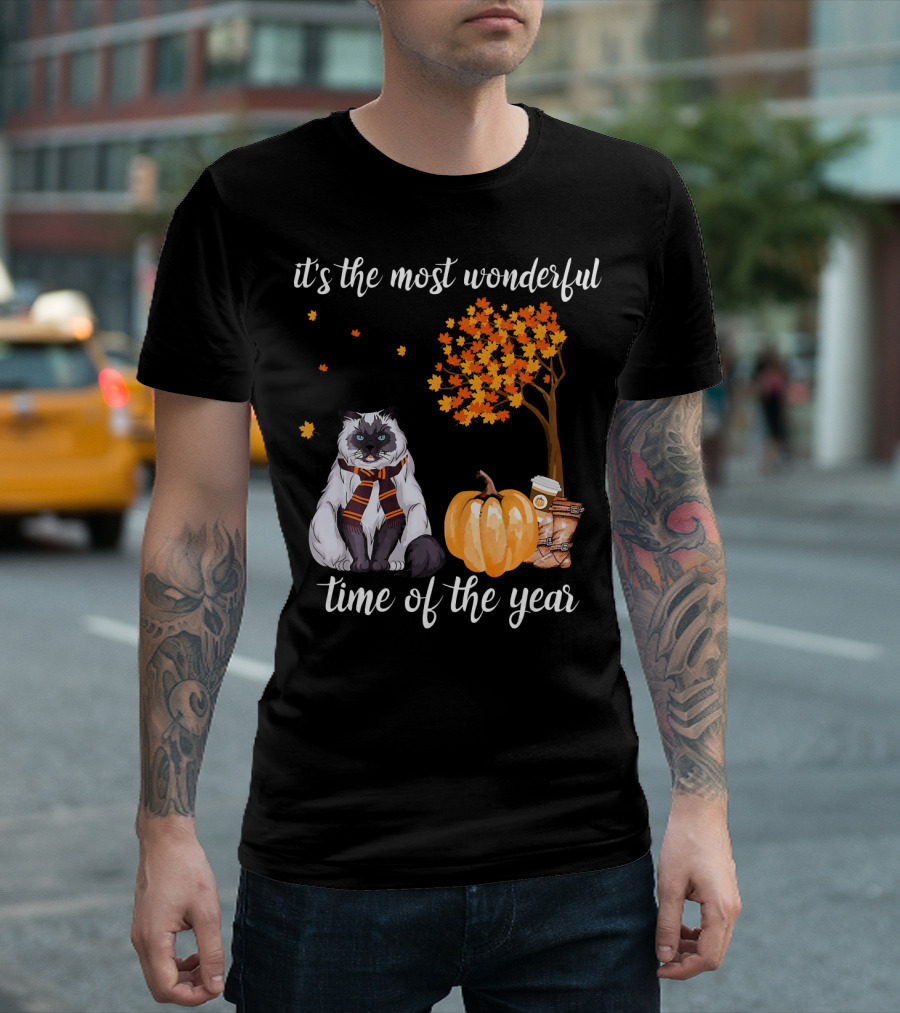It's The Most Wonderful Time Of The Year Cat Pumpkin Autumn Leaves Coffee T-Shirt