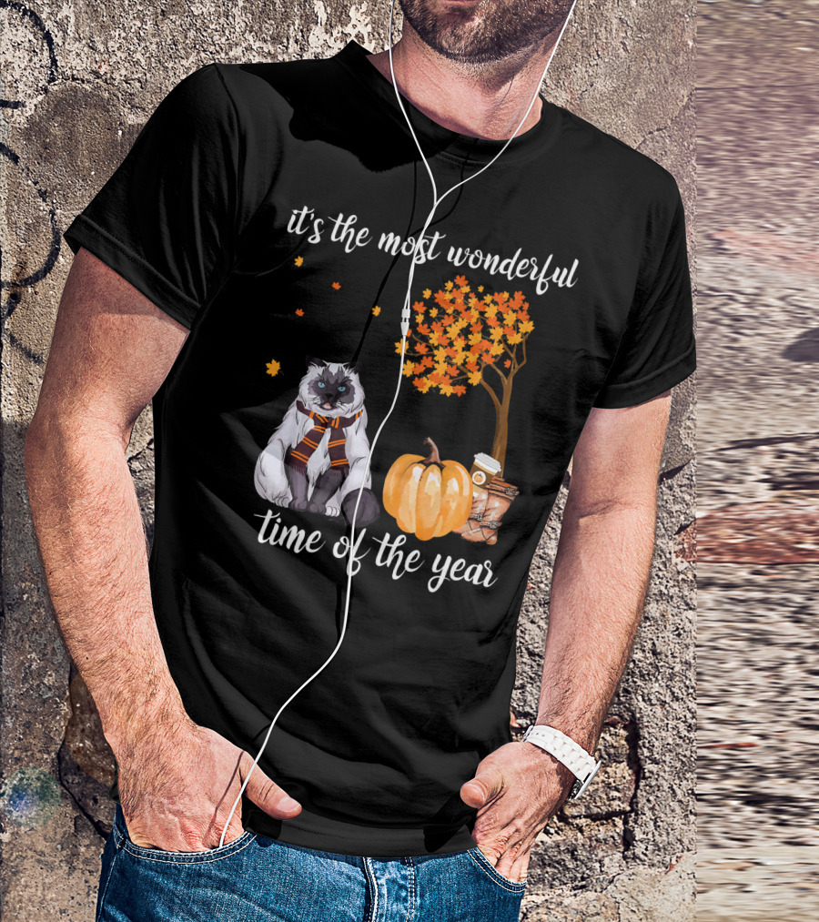 It's The Most Wonderful Time Of The Year Cat Pumpkin Autumn Leaves Coffee T-Shirt