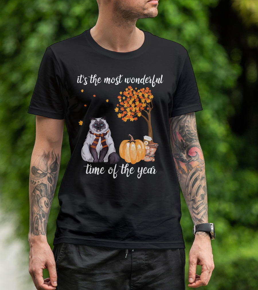 It's The Most Wonderful Time Of The Year Cat Pumpkin Autumn Leaves Coffee T-Shirt
