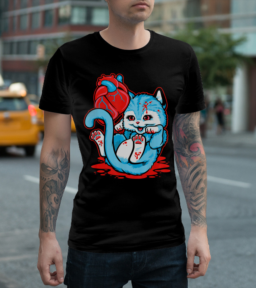 Cat Got Your Heart Funny Kitten Love Playful Red Blue T-Shirt
