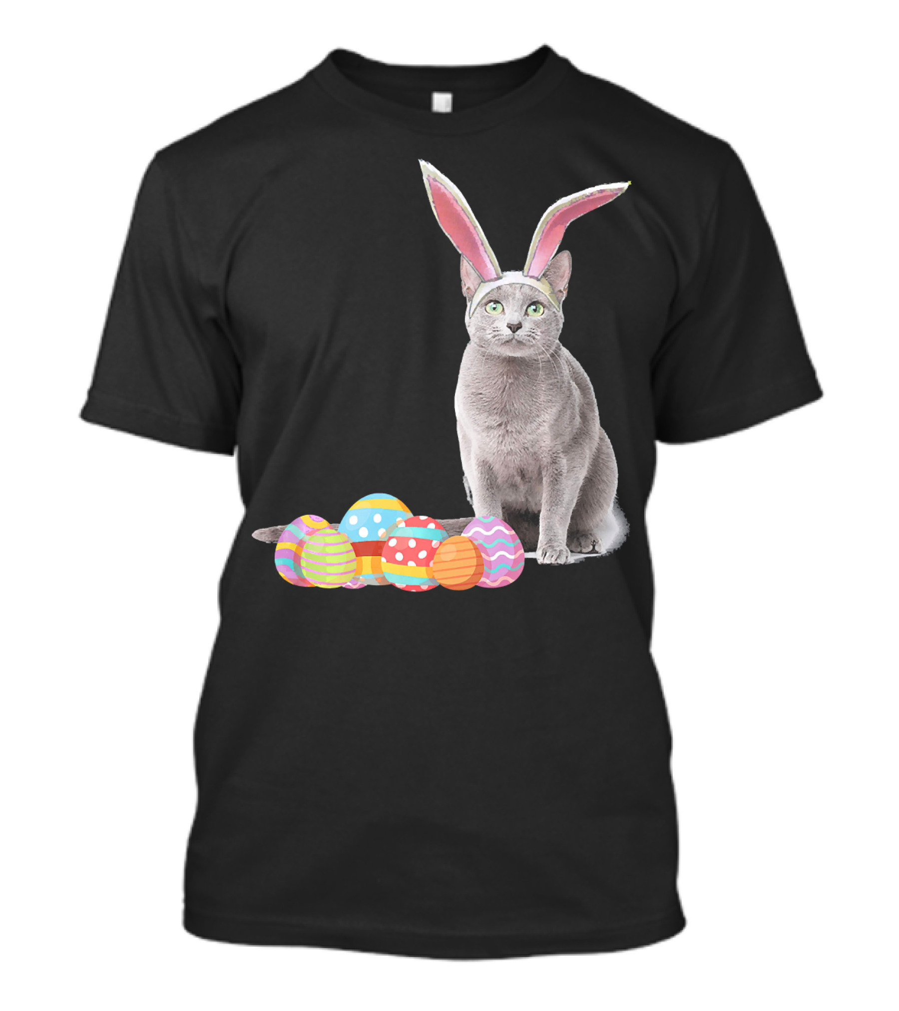 Easter Cat Russian Blue Bunny Ears With Colorful Eggs T-Shirt
