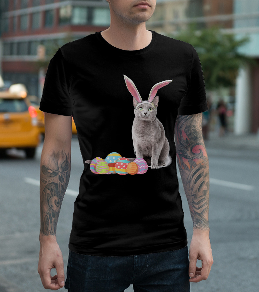 Easter Cat Russian Blue Bunny Ears With Colorful Eggs T-Shirt