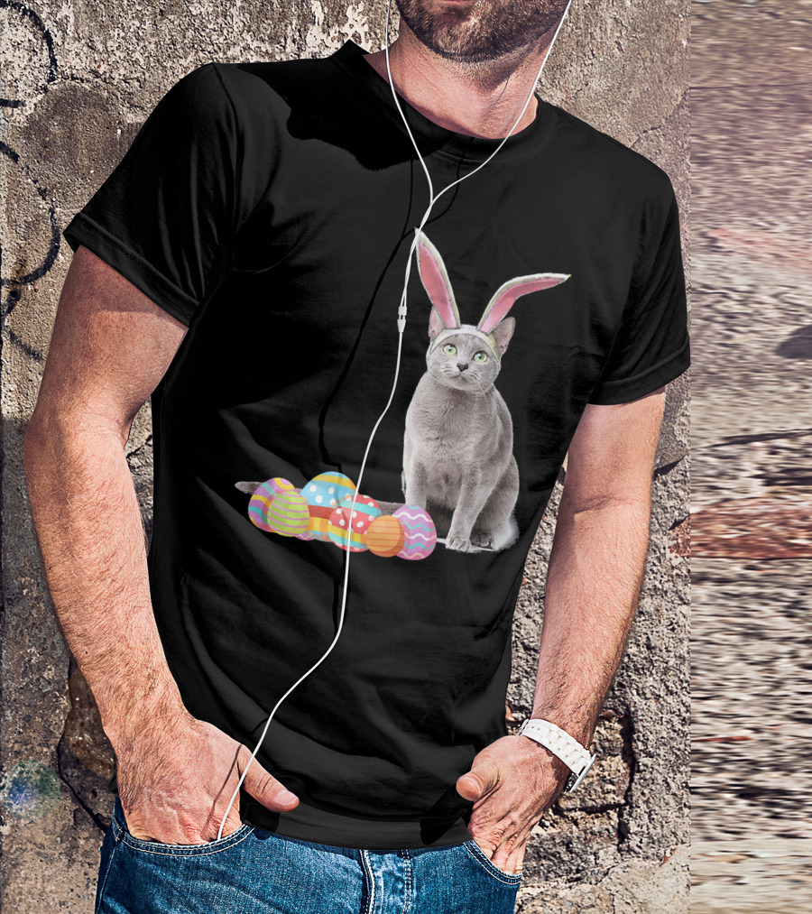 Easter Cat Russian Blue Bunny Ears With Colorful Eggs T-Shirt