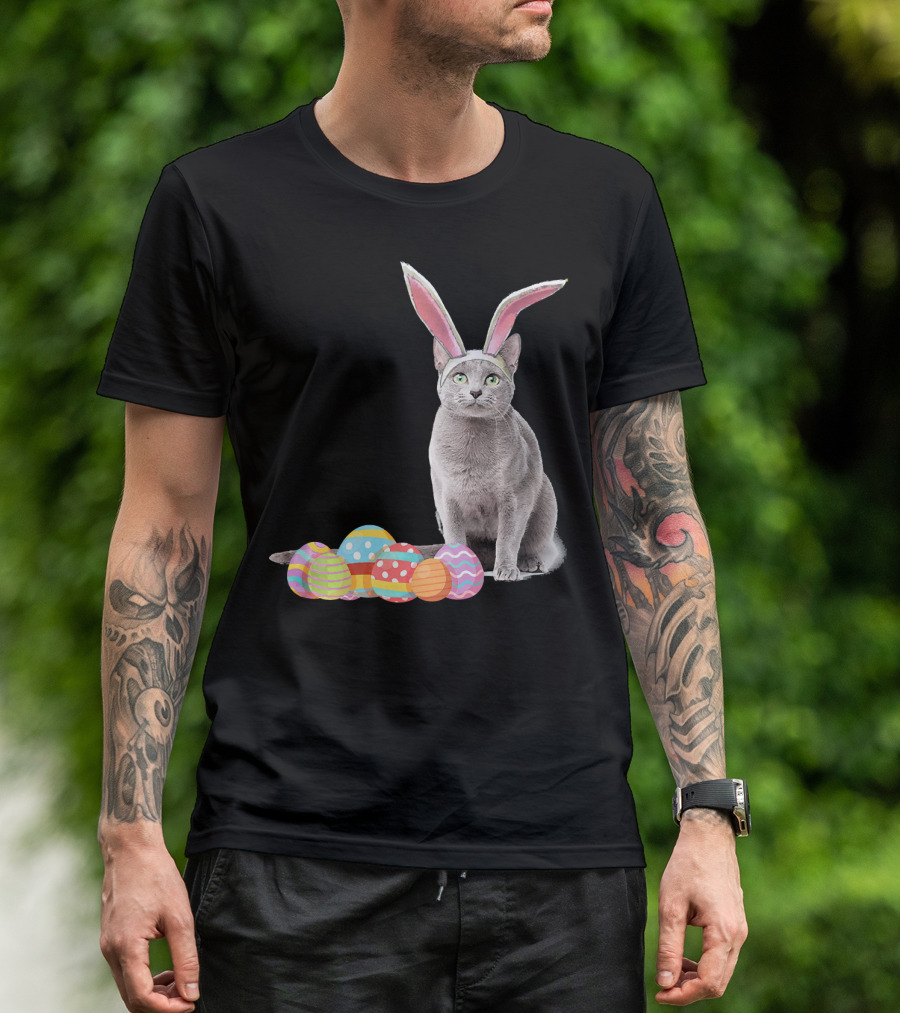 Easter Cat Russian Blue Bunny Ears With Colorful Eggs T-Shirt