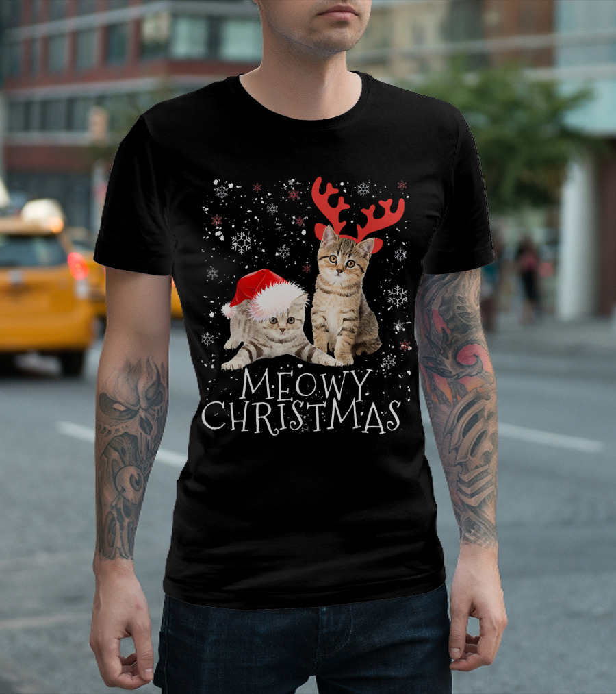 Meowy Christmas Kitten Cat Kitty Antlers Santa Hat T-Shirt