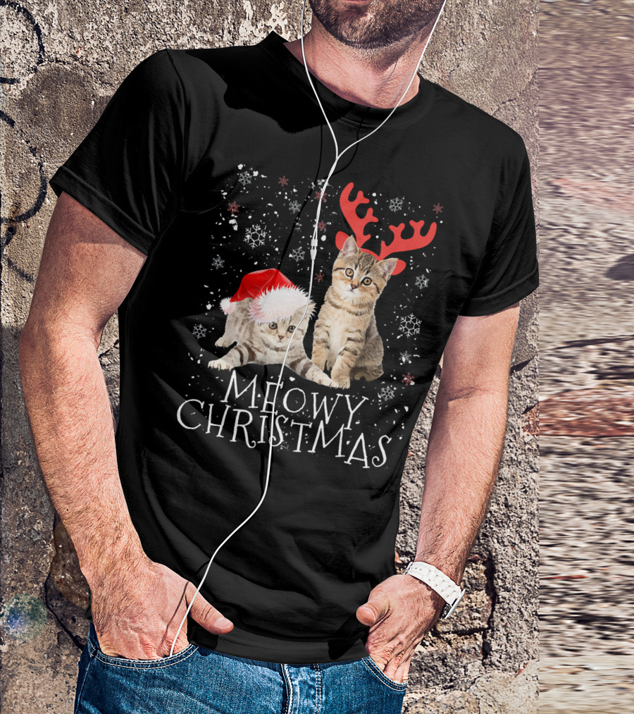 Meowy Christmas Kitten Cat Kitty Antlers Santa Hat T-Shirt