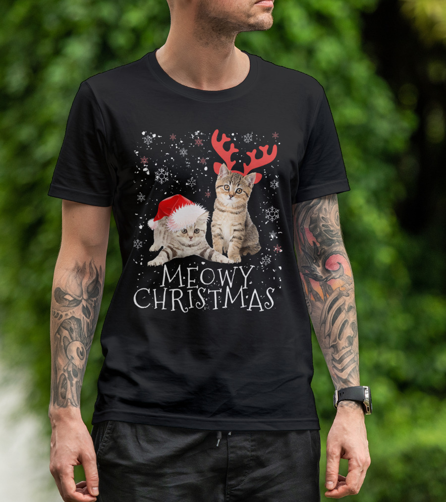 Meowy Christmas Kitten Cat Kitty Antlers Santa Hat T-Shirt