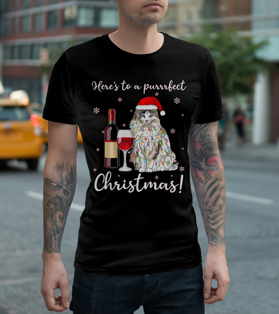 Here's To A Purrrfect Christmas Ragdoll Cat With Wine And Santa Hat T-Shirt