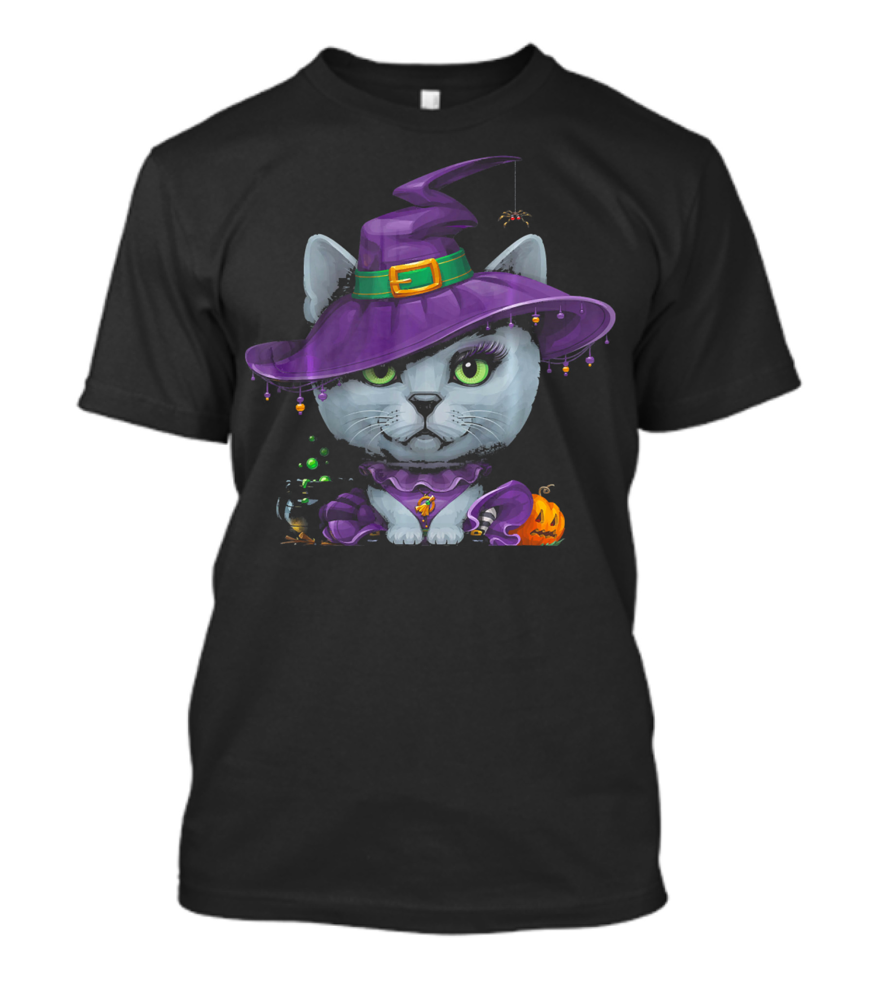 Russian Blue Cat In Purple Witch Hat With Pumpkin And Potion T-Shirt