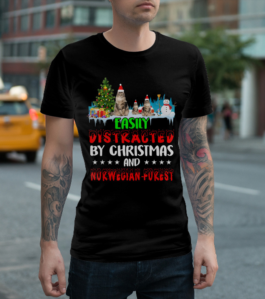 Easily Distracted by Christmas and Norwegian Forest Cats Snowman and Gifts T-Shirt