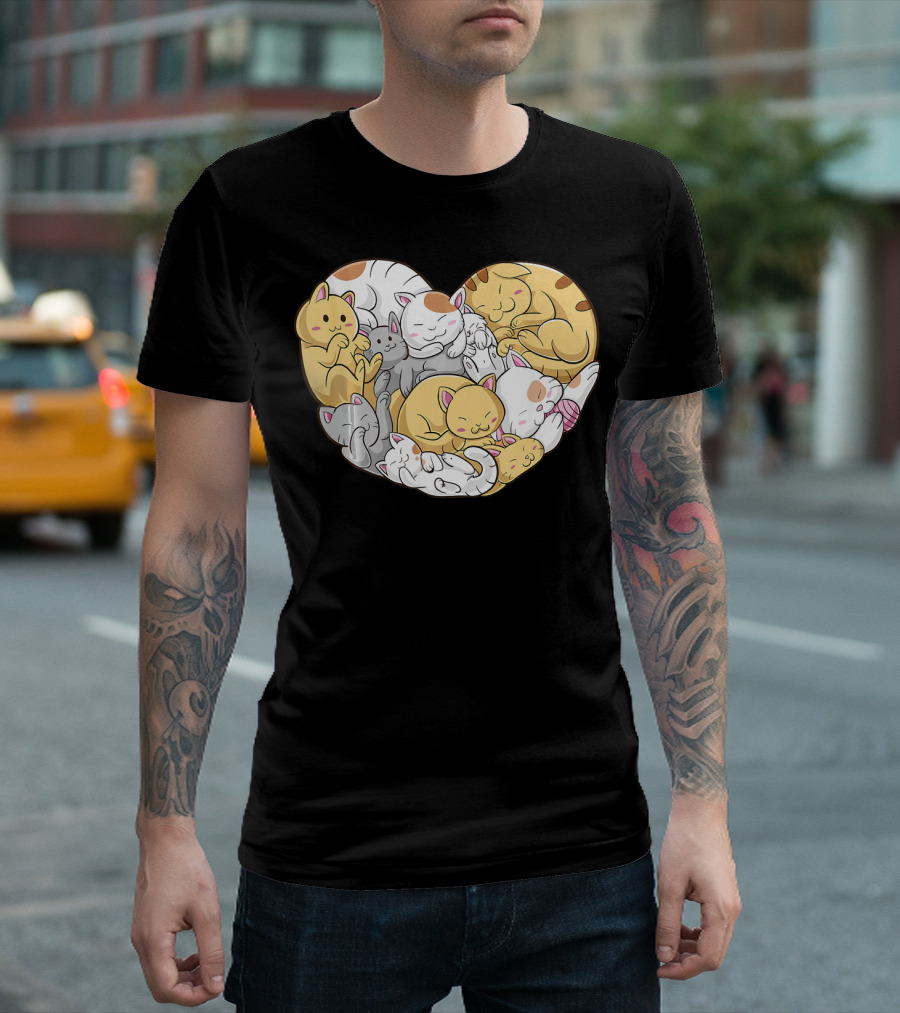 Cats Couple Heart Shape Kawaii Kitten Cute Sleepy Cat Family T-Shirt
