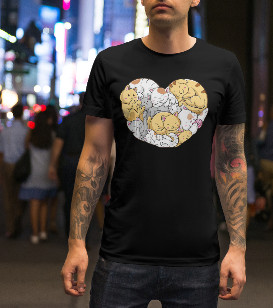 Cats Couple Heart Shape Kawaii Kitten Cute Sleepy Cat Family T-Shirt