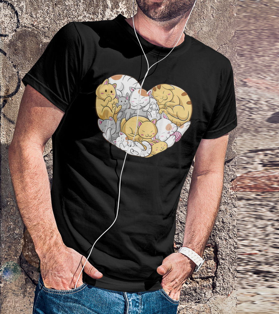 Cats Couple Heart Shape Kawaii Kitten Cute Sleepy Cat Family T-Shirt