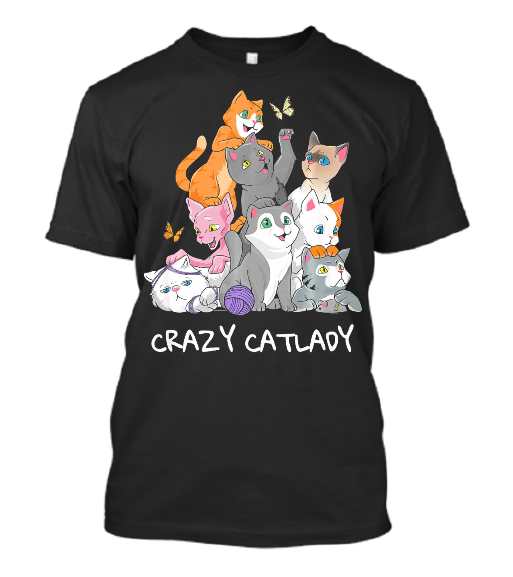 Crazy Catlady Multicolored Kittens With Butterflies T-Shirt